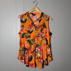COCOMO ORANGE TROPICAL PRINT SLEEVELESS LIQUID TUNIC TOP WOMENS SIZE MEDIUM
